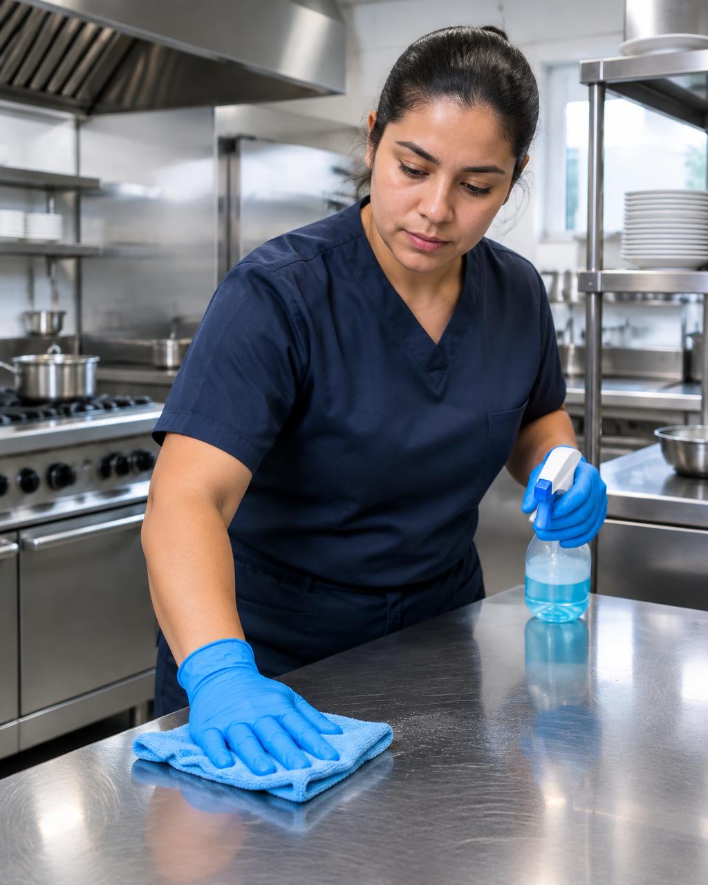 Profissional higienizando bancada de cozinha de restaurante